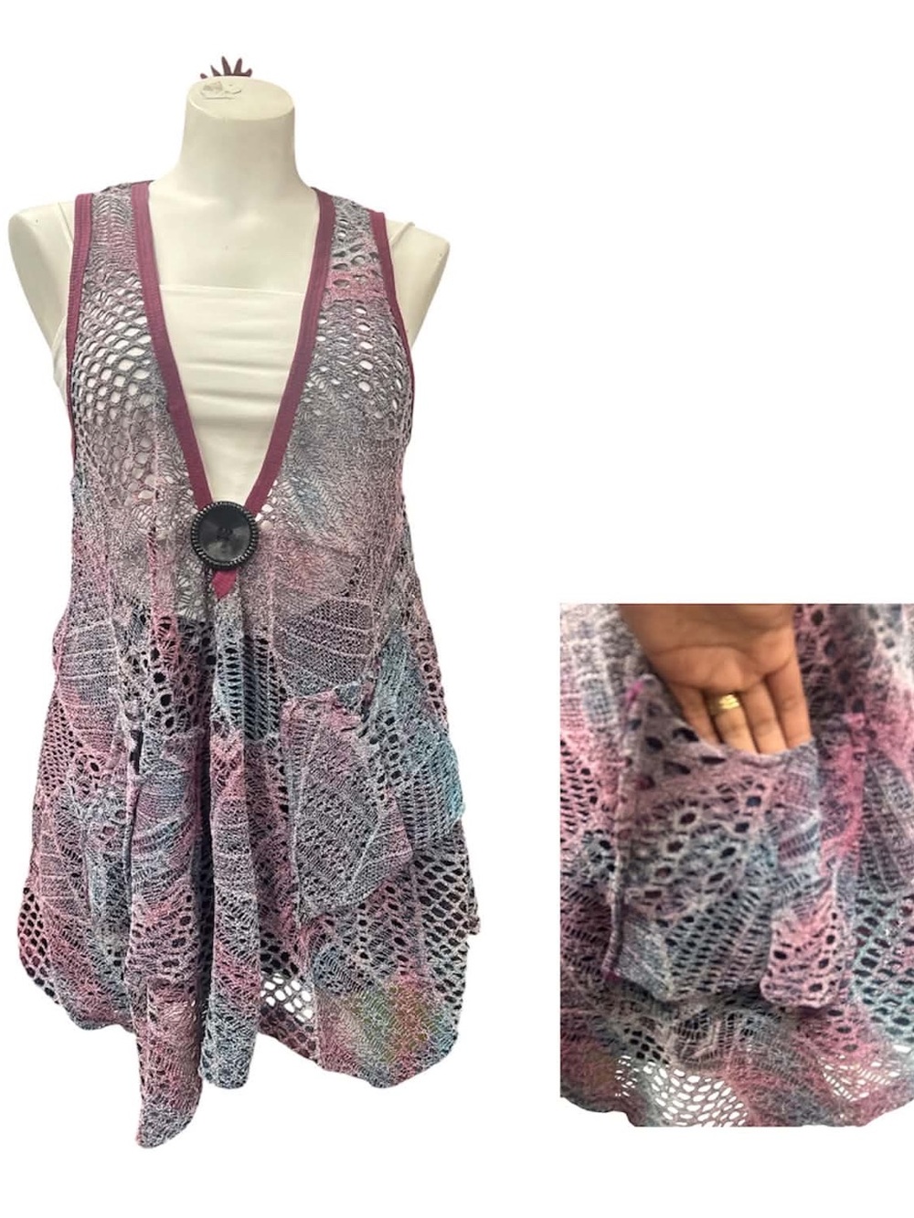 Creation Boho Crochet Pink Multi Openwork Swim Cover-Up Vest Size S